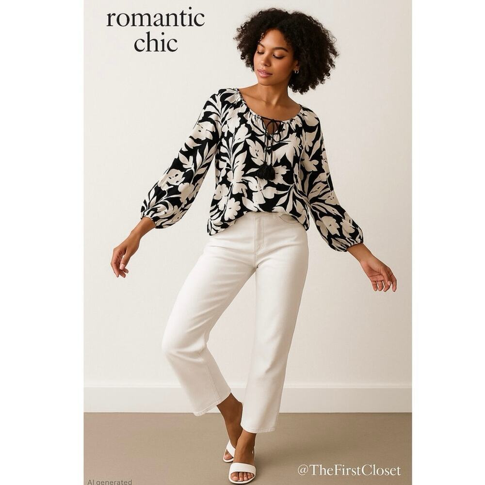 RS by Roselyn Sánchez Black & White Floral Peasant Blouse Women’s‎ Medium Boho